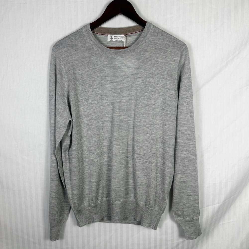 NWT Brunello Cucinelli Cashmere Silk Knit Pullover Crew Sweater Heather Grey 48